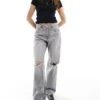 Bershka Ripped Knee Wide Leg Jeans In Light Grey For Women -Chic Maze Sales 208154714 1 grey