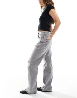 Bershka Ripped Knee Wide Leg Jeans In Light Grey For Women -Chic Maze Sales 208154714 3