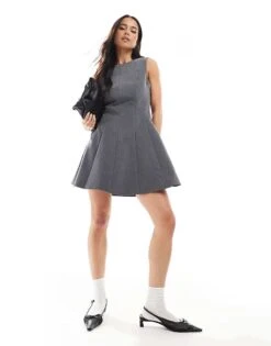 Bershka Pleated Tailored Mini Dress In Grey For Women -Chic Maze Sales 208154733 4