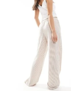 Bershka Tie Waist Wide Leg Linen Trousers In Ecru Stripe For Women -Chic Maze Sales 208154735 3