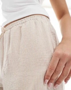 Bershka Tie Waist Wide Leg Linen Trousers In Ecru Stripe For Women -Chic Maze Sales 208154735 5