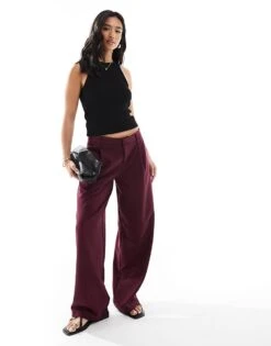 Bershka Petite Low Rise Wide Leg Tailored Trousers In Burgundy For Women -Chic Maze Sales 208154745 1 burgundy 1