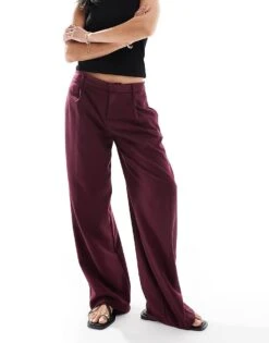 Bershka Petite Low Rise Wide Leg Tailored Trousers In Burgundy For Women -Chic Maze Sales 208154745 2
