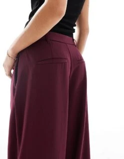 Bershka Petite Low Rise Wide Leg Tailored Trousers In Burgundy For Women -Chic Maze Sales 208154745 3