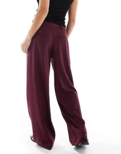 Bershka Petite Low Rise Wide Leg Tailored Trousers In Burgundy For Women -Chic Maze Sales 208154745 4