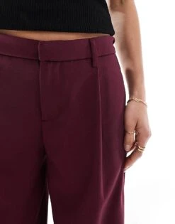 Bershka Petite Low Rise Wide Leg Tailored Trousers In Burgundy For Women -Chic Maze Sales 208154745 5