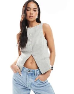 Bershka Round Neck Waistcoat In Grey Stripe For Women -Chic Maze Sales 208154762 1 grey 1