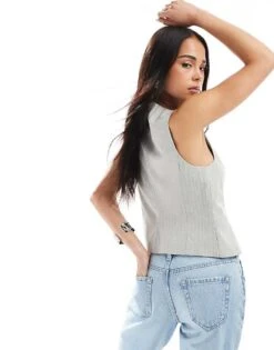 Bershka Round Neck Waistcoat In Grey Stripe For Women -Chic Maze Sales 208154762 2