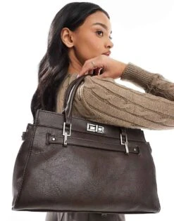 Bershka Faux Leather Work Bag In Chocolate For Women Brown -Chic Maze Sales 208154787 1 brown 1