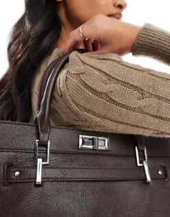 Bershka Faux Leather Work Bag In Chocolate For Women Brown -Chic Maze Sales 208154787 4