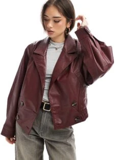 Bershka Faux Leather Double Breasted Jacket In Burgundy For Women