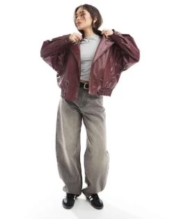 Bershka Faux Leather Double Breasted Jacket In Burgundy For Women -Chic Maze Sales 208154792 3