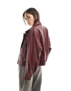 Bershka Faux Leather Double Breasted Jacket In Burgundy For Women -Chic Maze Sales 208154792 4