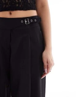 Bershka Wide Leg Tailored Trouser With Belt Detail In Black For Women -Chic Maze Sales 208154804 4