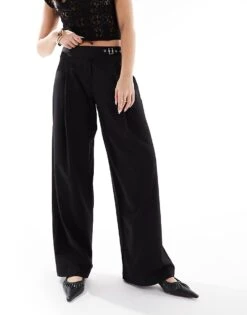 Bershka Wide Leg Tailored Trouser With Belt Detail In Black For Women -Chic Maze Sales 208154804 5