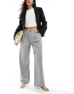 Bershka Wide Leg Tailored Trousers In Grey Stripe For Women -Chic Maze Sales 208154806 1 grey 1
