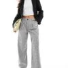 Bershka Wide Leg Tailored Trousers In Grey Stripe For Women -Chic Maze Sales 208154806 1 grey