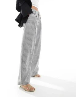 Bershka Wide Leg Tailored Trousers In Grey Stripe For Women -Chic Maze Sales 208154806 2