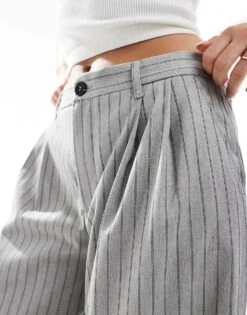 Bershka Wide Leg Tailored Trousers In Grey Stripe For Women -Chic Maze Sales 208154806 3