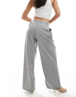 Bershka Wide Leg Tailored Trousers In Grey Stripe For Women -Chic Maze Sales 208154806 4