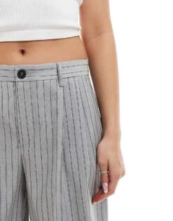 Bershka Wide Leg Tailored Trousers In Grey Stripe For Women -Chic Maze Sales 208154806 5