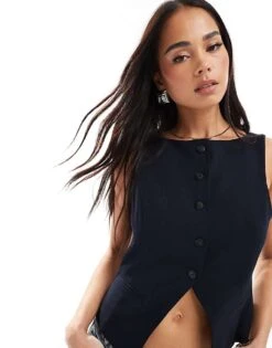 Bershka Round Neck Waistcoat In Navy For Women -Chic Maze Sales 208154807 3