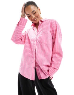 Bershka Oversized Shirt In Pink Pinstripe For Women -Chic Maze Sales 208154832 1 pink 1