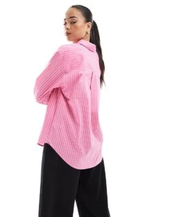 Bershka Oversized Shirt In Pink Pinstripe For Women -Chic Maze Sales 208154832 4
