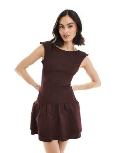 Bershka Shirred Puffball Mini Dress In Burgundy For Women -Chic Maze Sales 208154833 1 burgundy 1