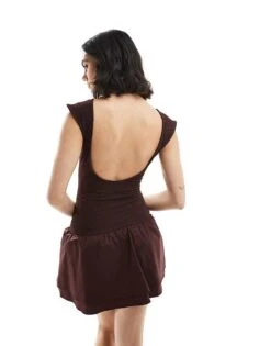 Bershka Shirred Puffball Mini Dress In Burgundy For Women -Chic Maze Sales 208154833 3
