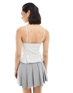 Bershka Straight Neck Tailored Corset Top In Ecru Stripe For Women -Chic Maze Sales 208154834 4