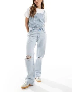 Bershka Ripped Knee Wide Leg Jeans In Super Light Wash For Women Blue -Chic Maze Sales 208154867 1 blue 1