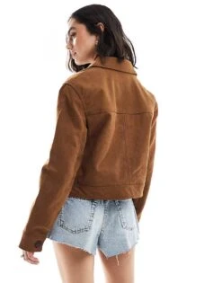 Bershka Faux Suede Cropped Jacket In Dark Tan For Women -Chic Maze Sales 208154887 4
