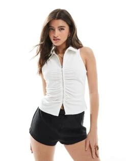 Bershka Ruched Fitted Front Top In Ecru For Women -Chic Maze Sales 208154891 1 ecru 1
