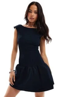 Bershka Shirred Puffball Mini Dress In Navy Blue For Women -Chic Maze Sales 208154899 4