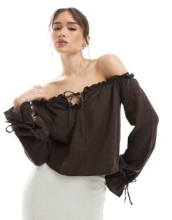 Bershka Crinkle Bardot Top In Brown For Women Beige -Chic Maze Sales 208154918 1 beige 1
