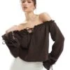 Bershka Crinkle Bardot Top In Brown For Women Beige -Chic Maze Sales 208154918 1 beige
