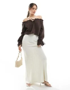 Bershka Crinkle Bardot Top In Brown For Women Beige -Chic Maze Sales 208154918 2