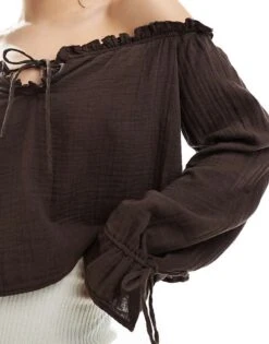 Bershka Crinkle Bardot Top In Brown For Women Beige -Chic Maze Sales 208154918 3