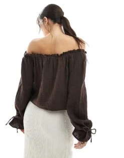 Bershka Crinkle Bardot Top In Brown For Women Beige -Chic Maze Sales 208154918 4