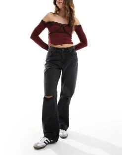 Bershka Ripped Knee Wide Leg Jeans In Black For Women -Chic Maze Sales 208154920 1 black 1