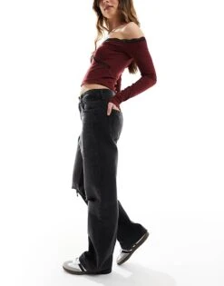 Bershka Ripped Knee Wide Leg Jeans In Black For Women -Chic Maze Sales 208154920 3