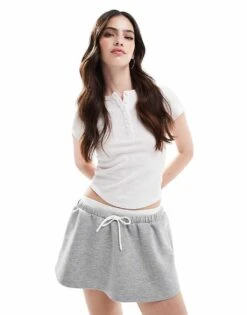 Bershka Double Waistband Skater Mini Skirt In Grey Marl For Women -Chic Maze Sales 208154956 1 grey 1