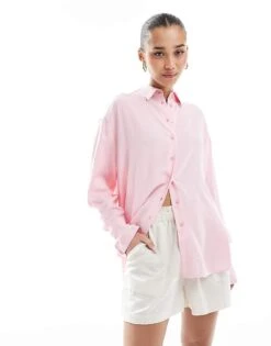 Bershka Oversized Linen Shirt In Pink For Women -Chic Maze Sales 208154997 1 pink 1
