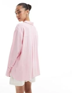 Bershka Oversized Linen Shirt In Pink For Women -Chic Maze Sales 208154997 2
