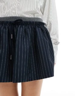 Bershka Double Waistband Skater Mini Skirt In Blue Pinstripe For Women -Chic Maze Sales 208155011 3