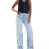 Bershka Turn Up Wide Leg Jeans In Light Wash Blue For Women -Chic Maze Sales 208155018 1 blue