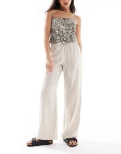 Bershka Tie Waist Wide Leg Linen Rich Trousers In Sand For Women Ecru -Chic Maze Sales 208155034 1 ecru 1