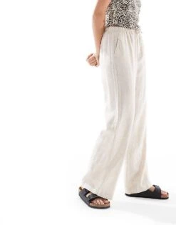 Bershka Tie Waist Wide Leg Linen Rich Trousers In Sand For Women Ecru -Chic Maze Sales 208155034 5