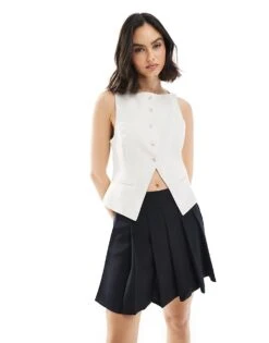 Bershka Round Neck Waistcoat In Ecru For Women -Chic Maze Sales 208155051 1 ecru 1